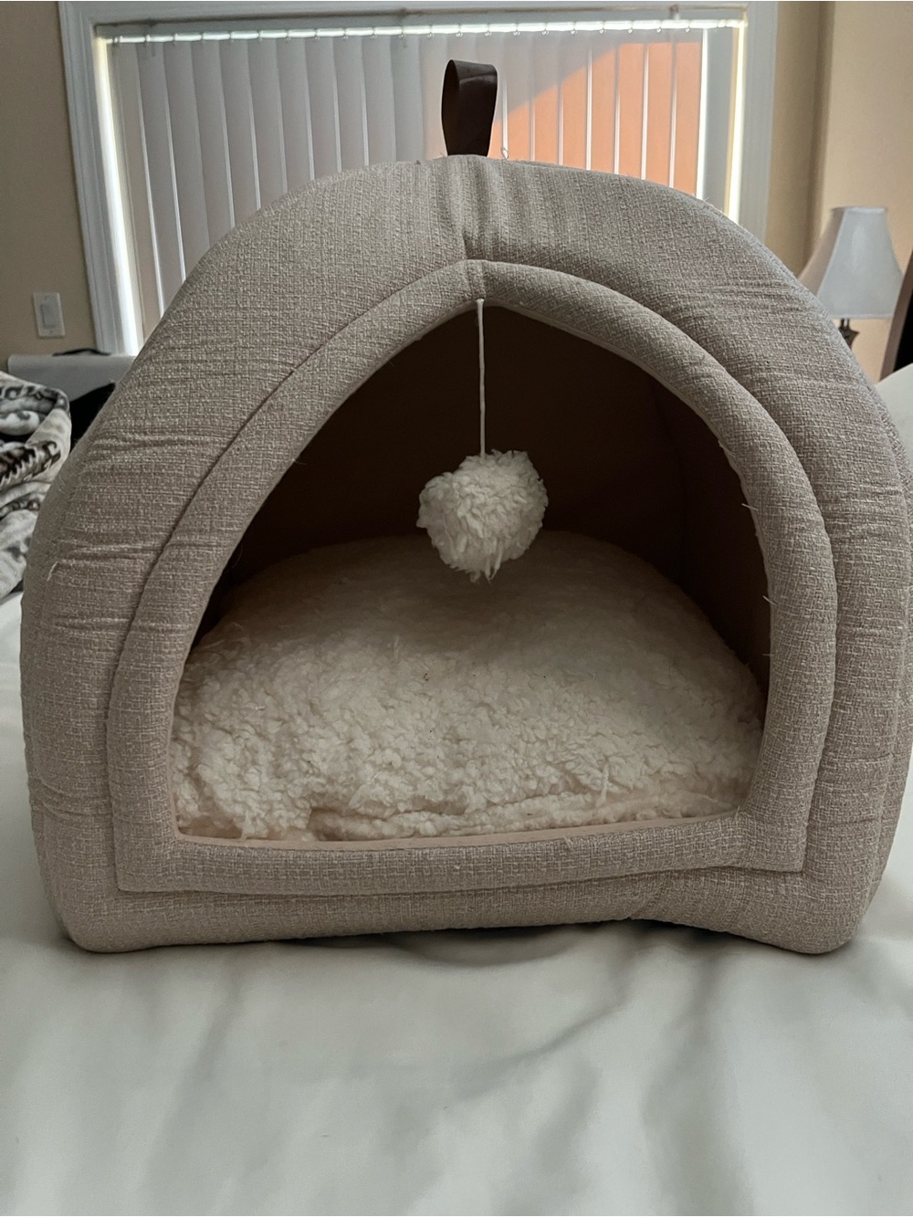 Cozy Beige Pet Cave Bed with Plush Insert